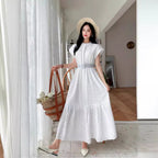 Retro Short Sleeve Round Neck Single-breasted Hollow Embroidery Dress
