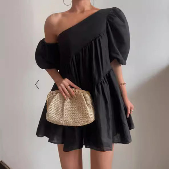 Casual Loose Off-the-shoulder Puff Sleeves Stitching Short Sleeve Dress