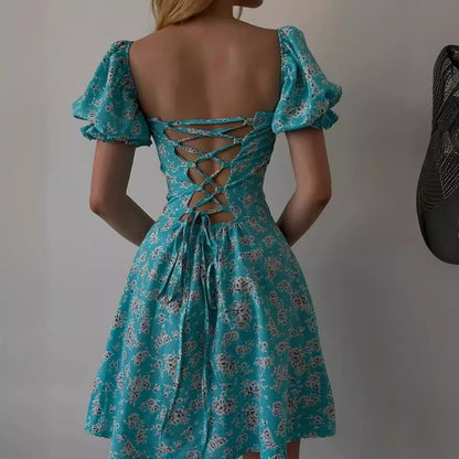 Lace-up Vintage Floral High Waist Puff Sleeve French Dress