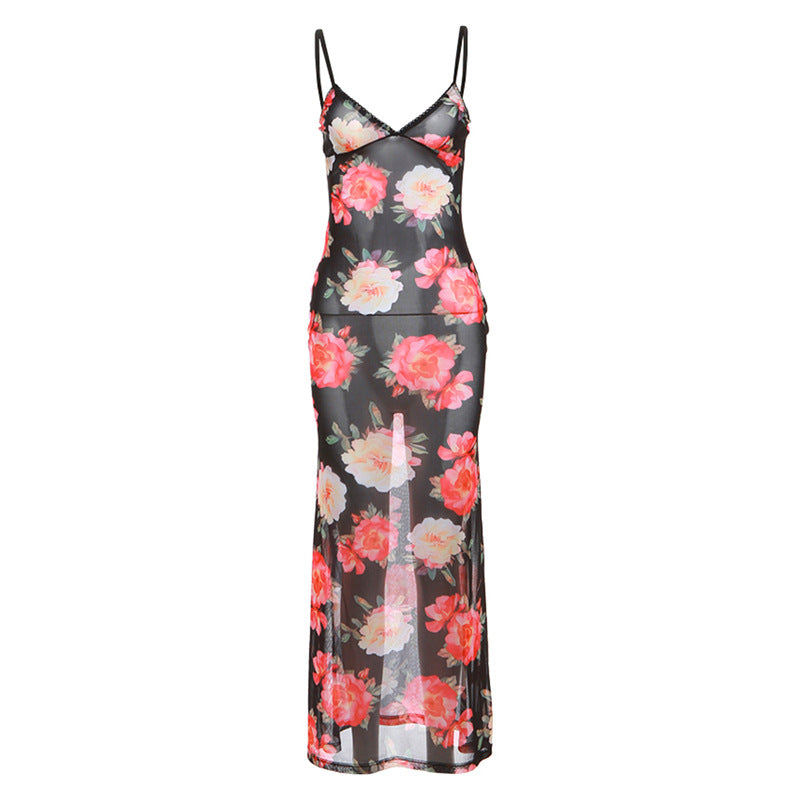 Women's Fashion V-neck See-through Mesh Floral Print Dress