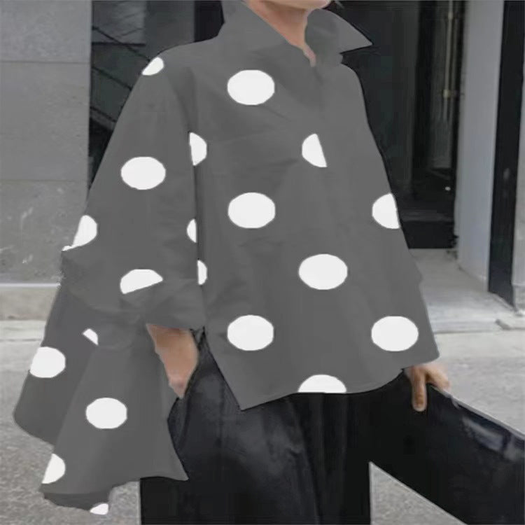 Long Sleeve Polka Dot Chiffon Temperament Commute White Lapel Shirt