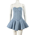 Denim Wash Water Wrapped Chest Backless Zipper Flounced Skirt