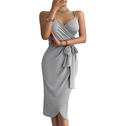 Pure Desire Temperament V-neck Solid Color Sling Dress