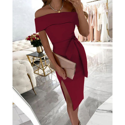 Women's Off-neck Solid Color Lace-up Split Dress