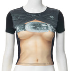 European American Fashion Floral Print Short-sleeved Top Slim Fit Midriff-baring All-match T-shirt