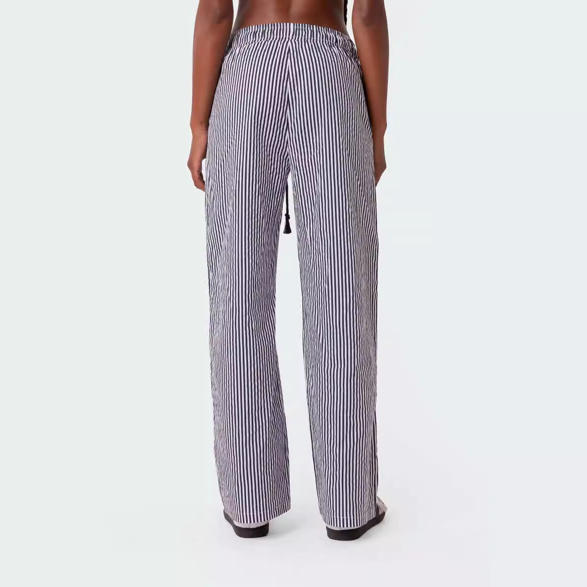 Elastic Waistband Lace-up Striped Pocket Casual Trousers