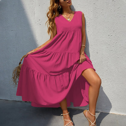 Multi-layer V-neck Patchwork Solid Color A- Line Large Hem Long Dress