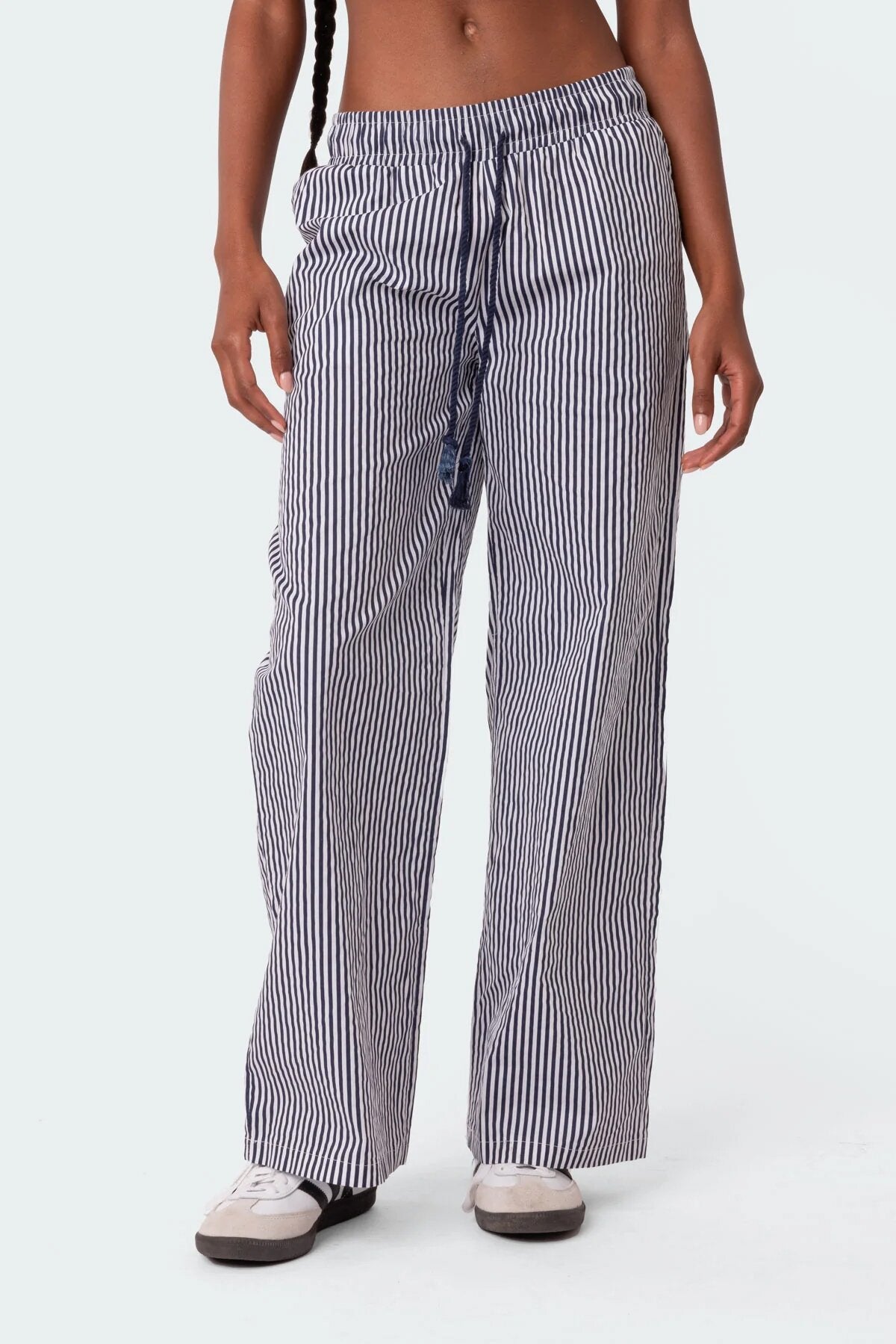 Elastic Waistband Lace-up Striped Pocket Casual Trousers