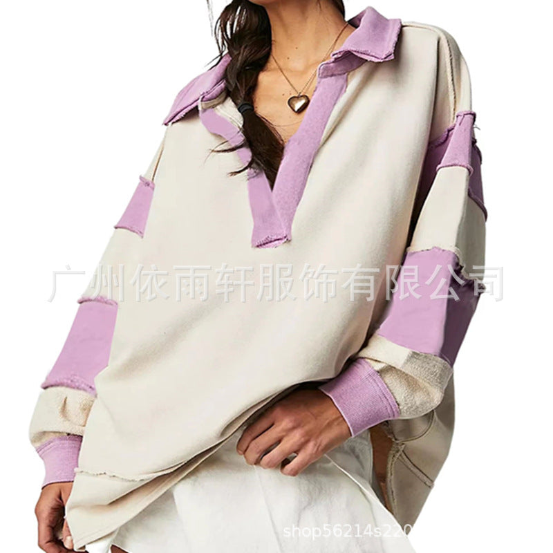 Loose V-neck Casual Long Sleeve Pullover Split Patchwork Sweater