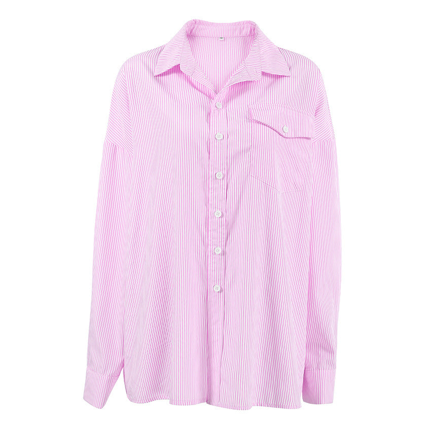 Women's Preppy Style Sweet Pink Striped Loose Outer Cotton Shirt