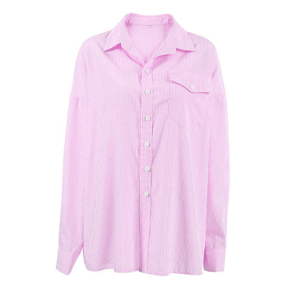 Women's Preppy Style Sweet Pink Striped Loose Outer Cotton Shirt