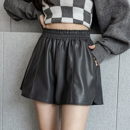 PU Leather Elastic Waist Autumn And Winter A- Line Small High Waist Slimming Outside Wear Casual Shorts