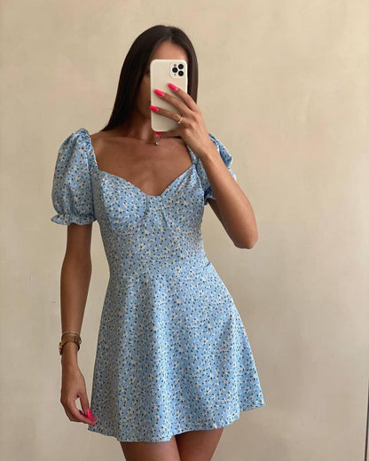 Lace-up Vintage Floral High Waist Puff Sleeve French Dress