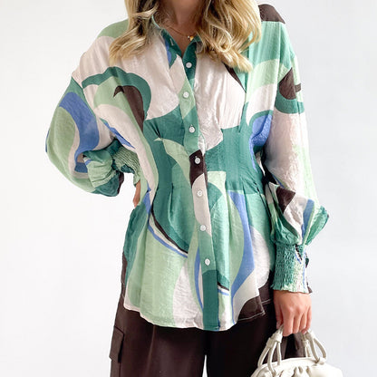 Casual Loose-fitting V-neck Long Sleeves Printed Shirt