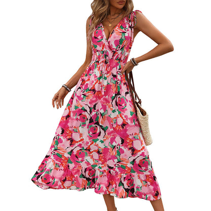 Women's Elegance Sleeveless Waist V-neck Printed Dress