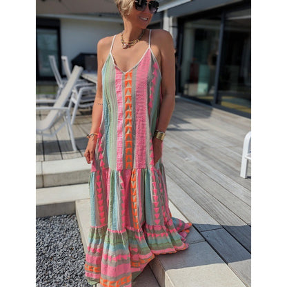 Women's Fashion Casual Versatile Holiday V-neck Stitching Long Dress