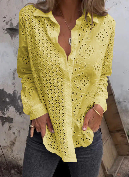 Women's Shirt Hollow Printed Loose Button Mesh Top