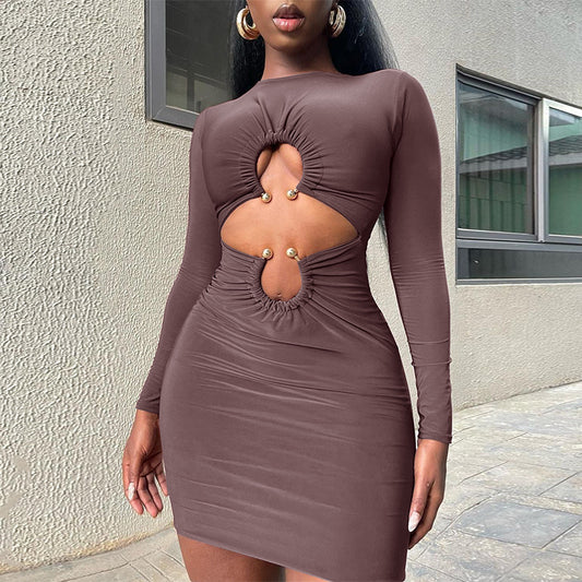 Women's Skirt Slim Fit Midriff Outfit Metal Buckle Long Sleeve Short Dress