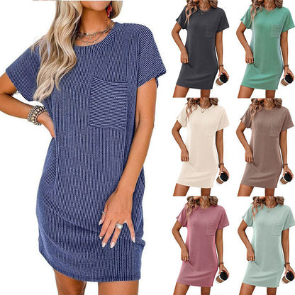 Casual Contrast Color Short Sleeve Pocket Dress