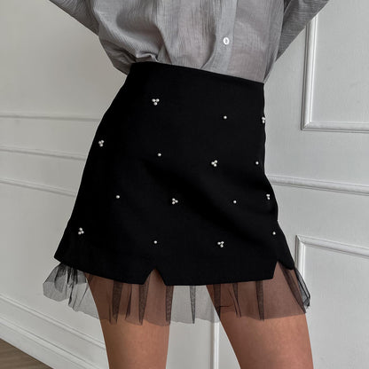 Ins High Waist Small Split Mesh Stitching Elegant Commuter Beaded Skirt