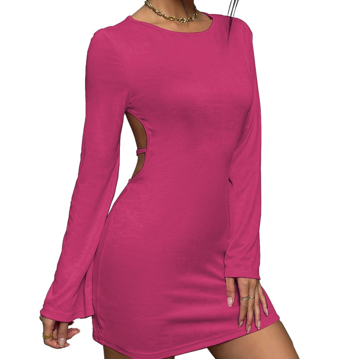 Women's Clothing New Sexy Backless Round Neck Pullover Bell Sleeve Hip Skirt Long Sleeve Dress