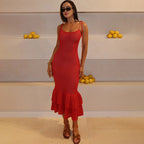 European And American Fashion Sleeveless Low-cut Knitted Tied High Waist Slim Fishtail Dress
