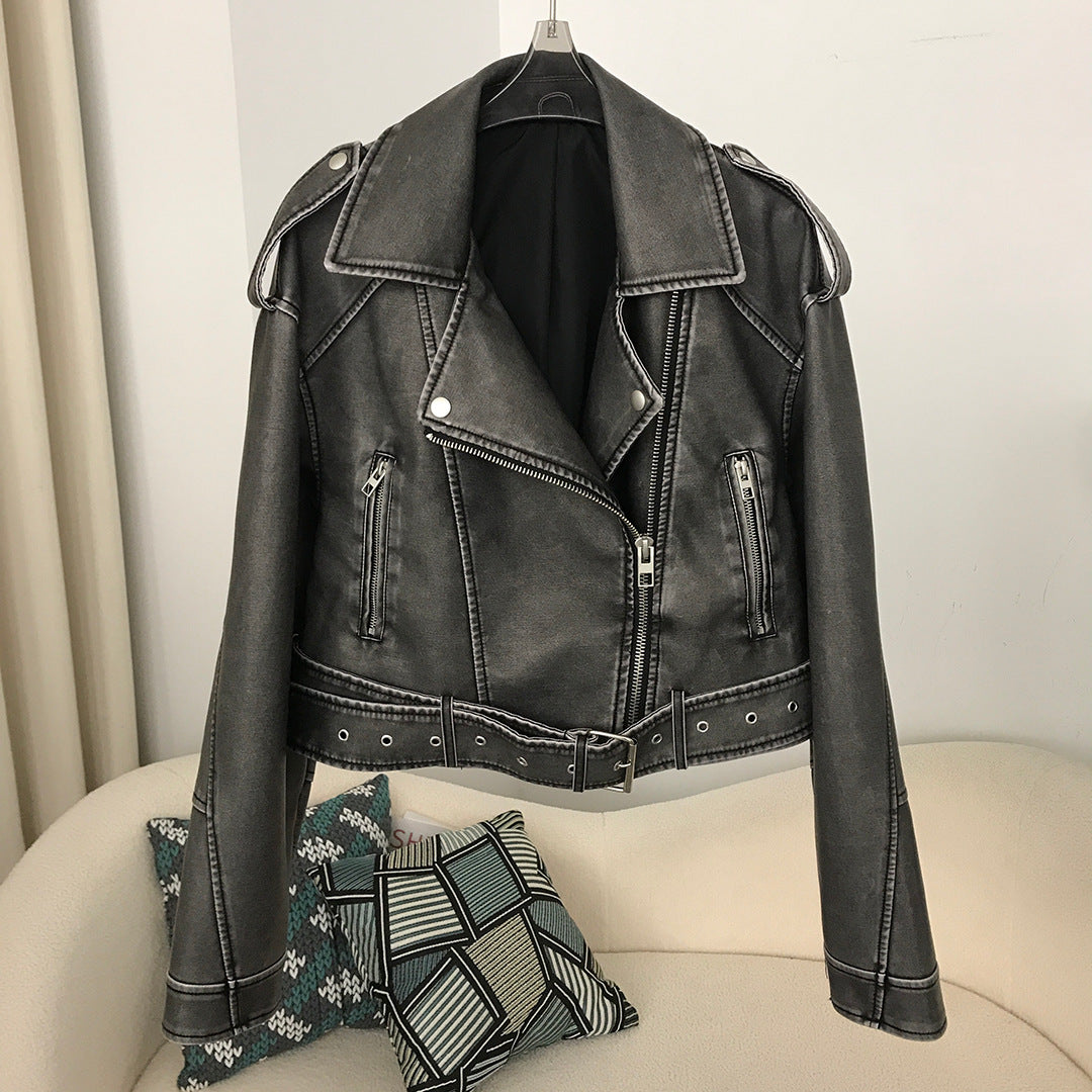 Spring And Autumn Women's Two-color Washed Leather Worn Motorcycle European And American Style Jacket Leather Coat Coat