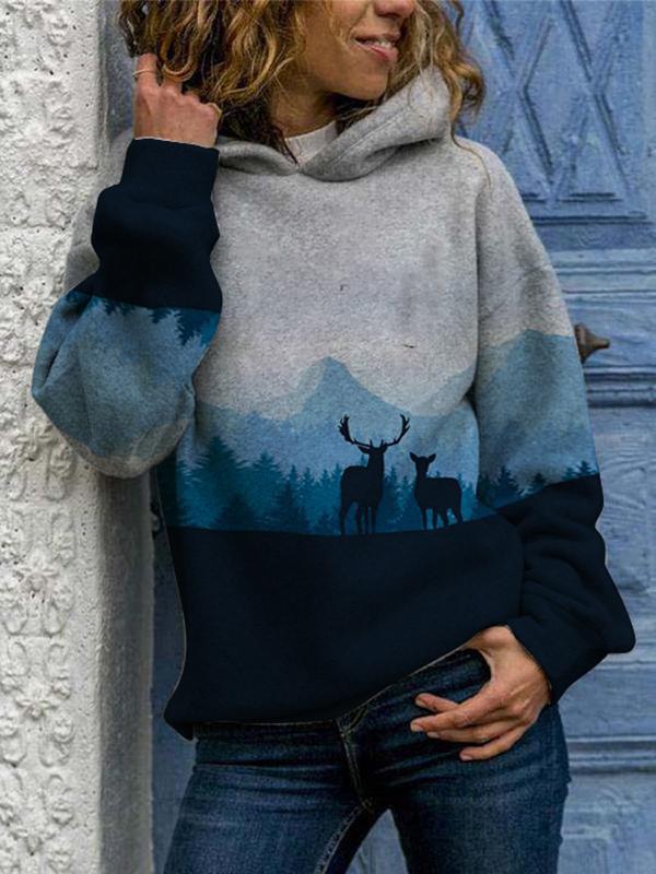 Hooded Long Sleeve Digital Printing Loose Casual Sweater For Women