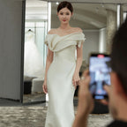 Off-shoulder French Light Wedding Dress Simple Satin Wedding Veil