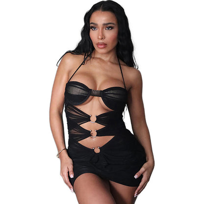 Sexy Hot Girl Mesh See-through Ripped Halter Lace-up Slim Fit Sheath Dress