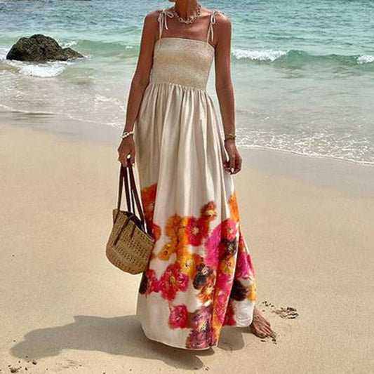 Fashion Print Vacation Backless Sling Mid-length Dress