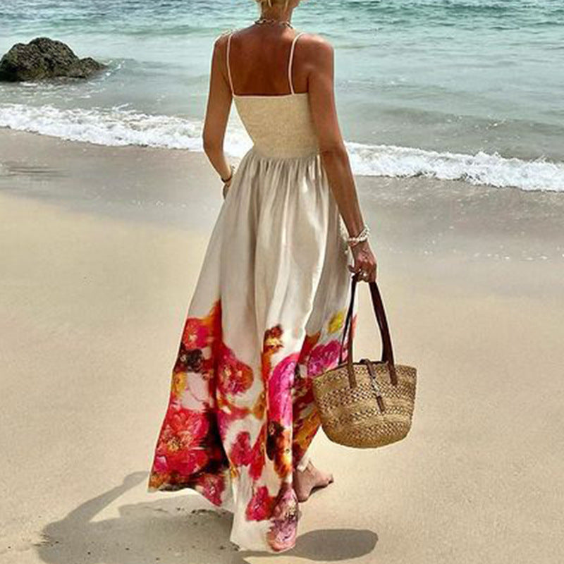 Fashion Print Vacation Backless Sling Mid-length Dress