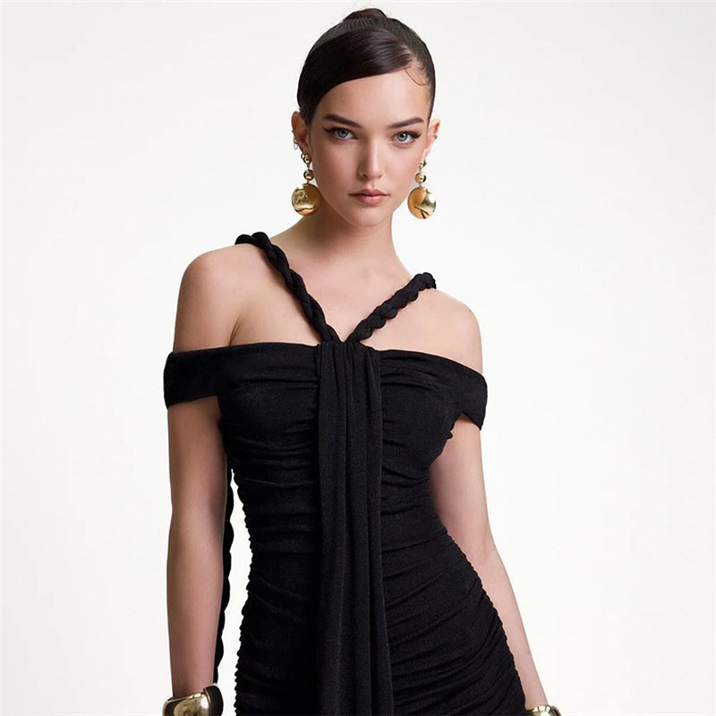 European And American Elegant Boat-neck Pleated High Waist Figure Flattering Sheath Dress