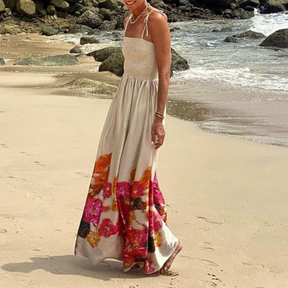 Fashion Print Vacation Backless Sling Mid-length Dress