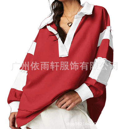 Loose V-neck Casual Long Sleeve Pullover Split Patchwork Sweater