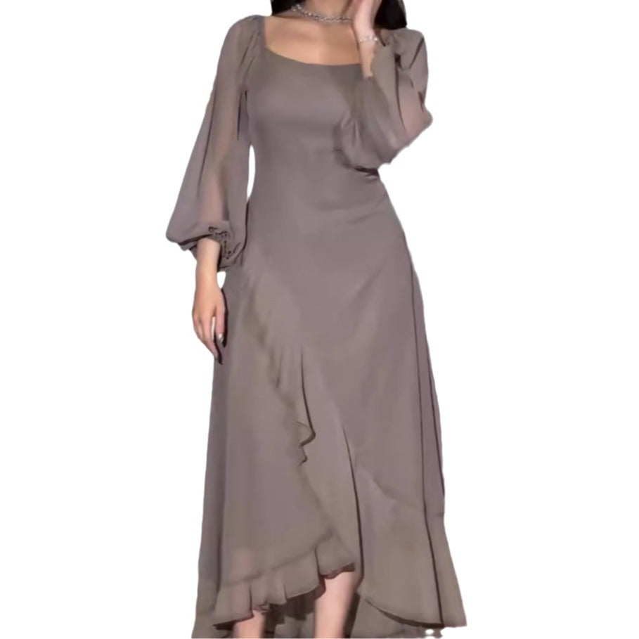 Solid Color Nine-quarter Sleeve Ruffled Irregular Dress