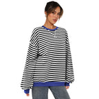 Women's Fashion Round Neck Striped Sweater Loose Bishop Sleeves Top