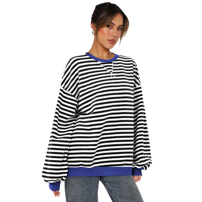 Women's Fashion Round Neck Striped Sweater Loose Bishop Sleeves Top