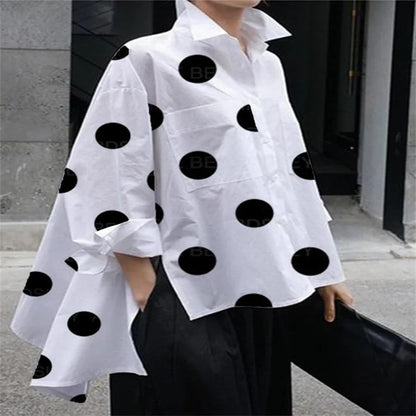 Long Sleeve Polka Dot Chiffon Temperament Commute White Lapel Shirt