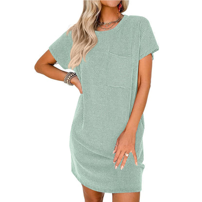 Casual Contrast Color Short Sleeve Pocket Dress