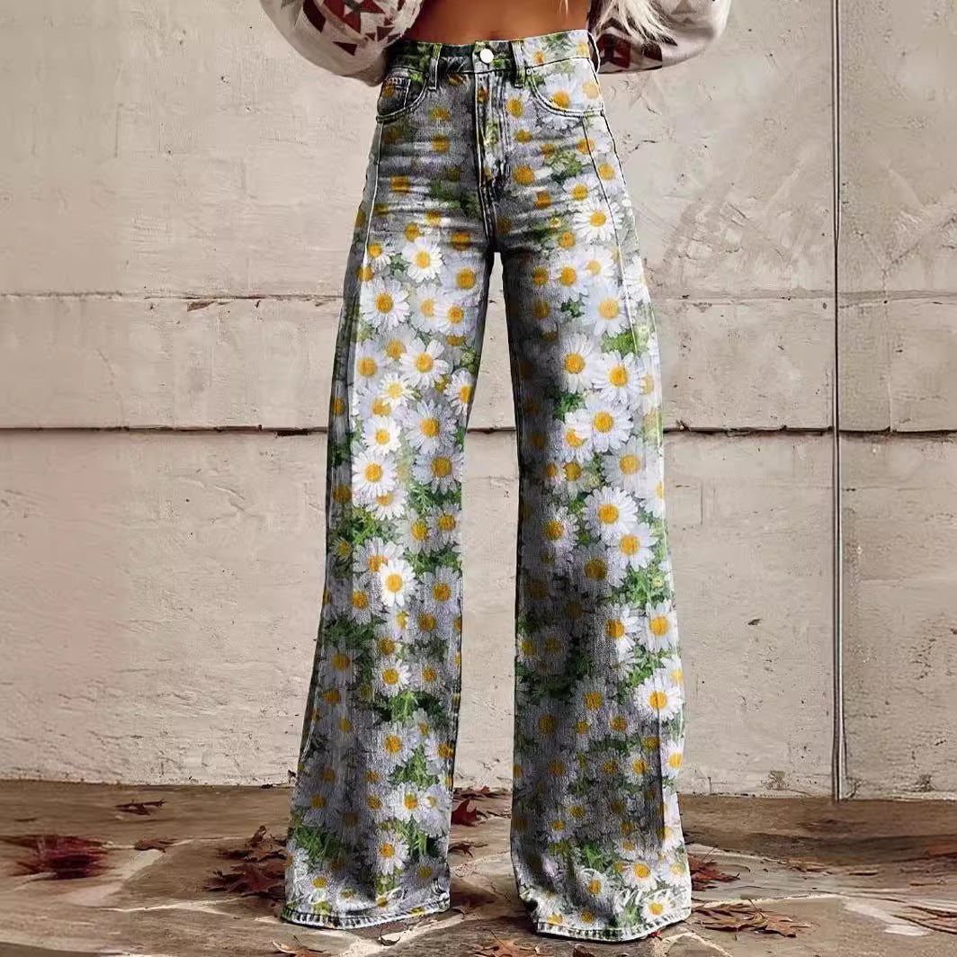 Women's 3D Printed Straight Casual Wide-leg Pants