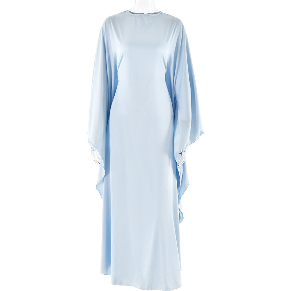 New Round Neck Satin Batwing Sleeve Loose Dress