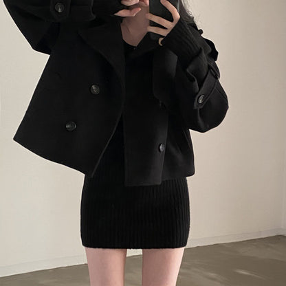 Suit Collar Double Breasted Loose All-match Long Sleeve Short Woolen Coat