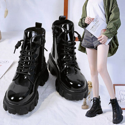 British Style Handsome Patent Leather Lace-up Motorcycle Boots