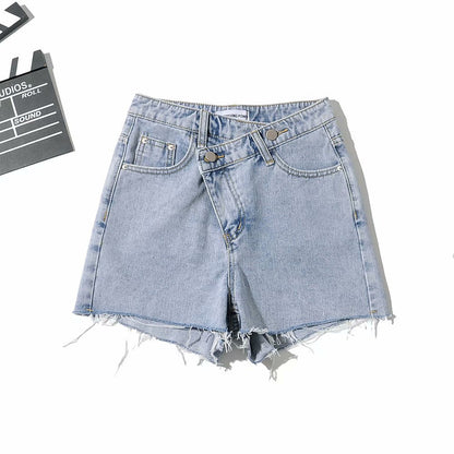 European And American Asymmetrical Slanted Denim Shorts