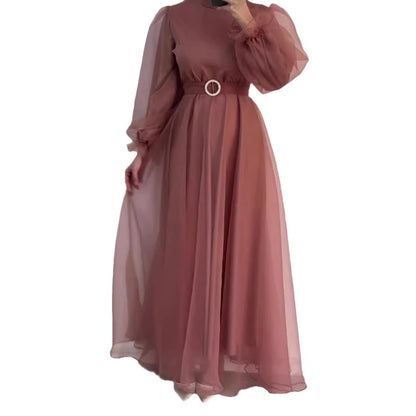 Half Turtleneck Mesh Elegant Slimming Lantern Sleeves Dress