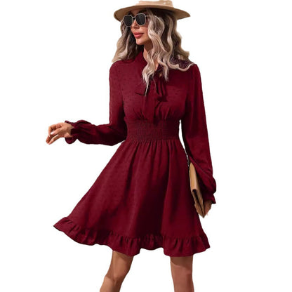 Tight Waist Solid Color Bow Tie Long Sleeve Dress