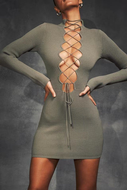 Gray Green Deep V-neck Hollow-out Lace-up Knitted Sheath Dress