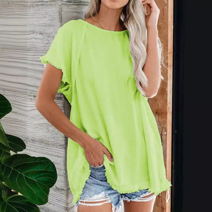 Loose Round Neck Lantern Sleeve Medium Length Short Sleeved Shirt