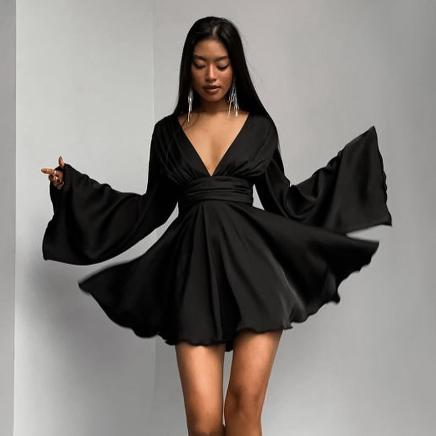 Satin Black V-neck Bell Sleeve Slim Fit Dress